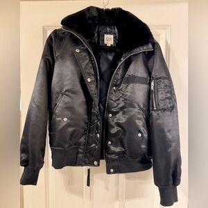 GAP black satin bomber jacket, faux fur collar, small, never worn, primaloft